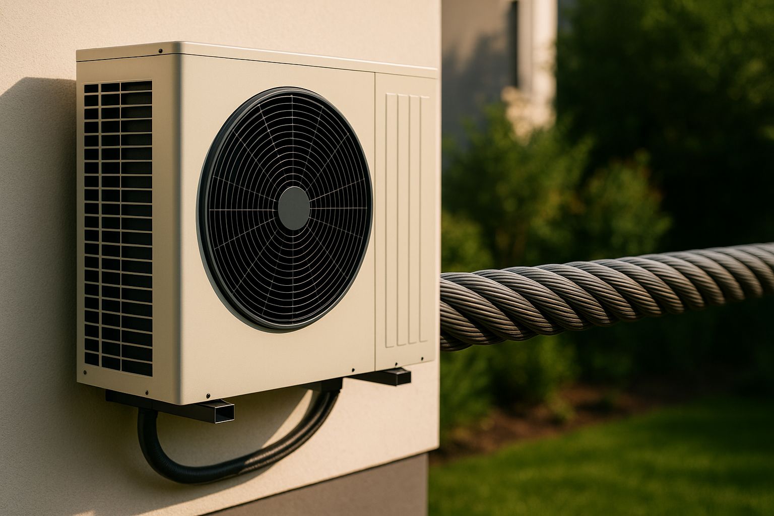 Hus med installerad luft-vattenvärmepump, kablar och rör synliga på yttervägg.