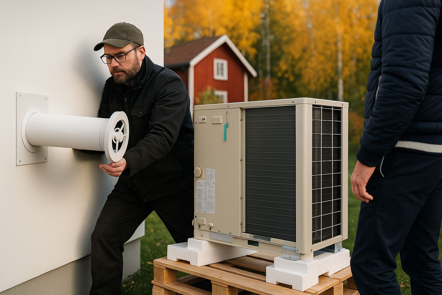 VVS-tekniker installerar utomhusenhet för luft-vattenvärmepump vid husvägg